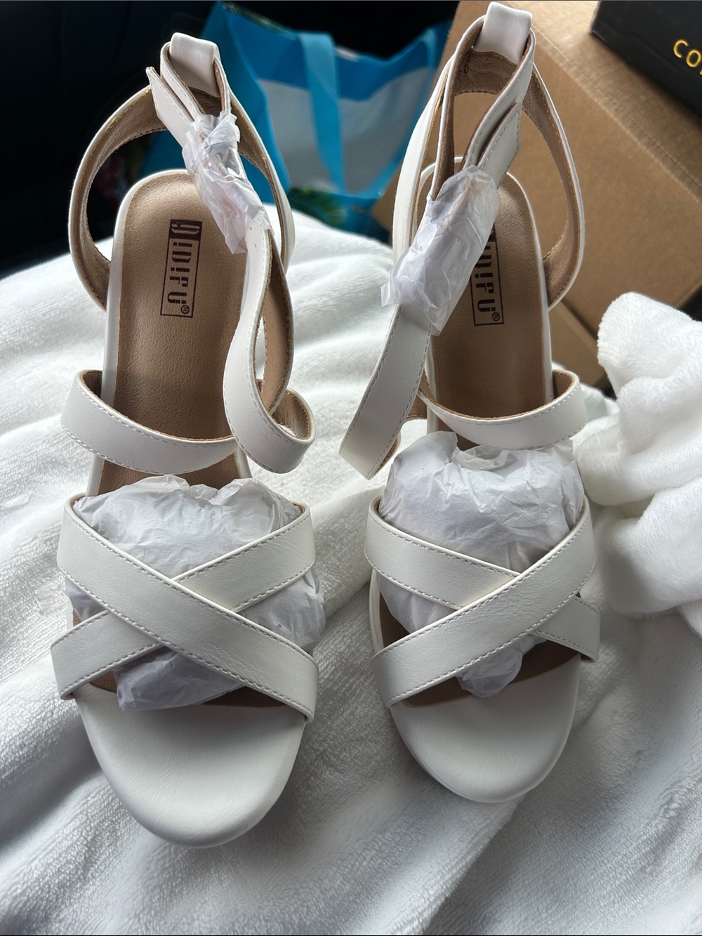 IDIFU White Crisscross Ankle Strap Heels